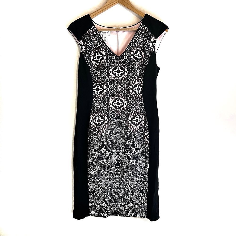 Maggy London Slimming Contrast Bodycon Geo Print Black & Pink Dress Size 10